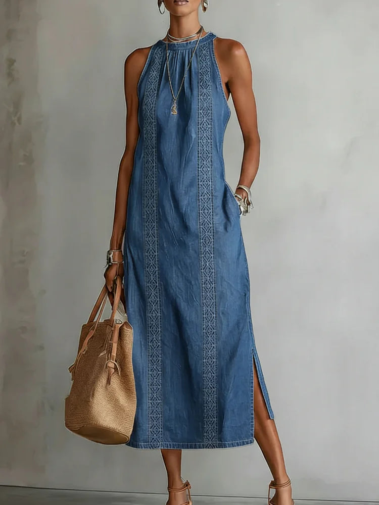 Women's Vintage Lace Denim Dress in Blue