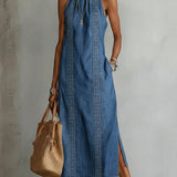 Women's Vintage Lace Denim Dress in Blue