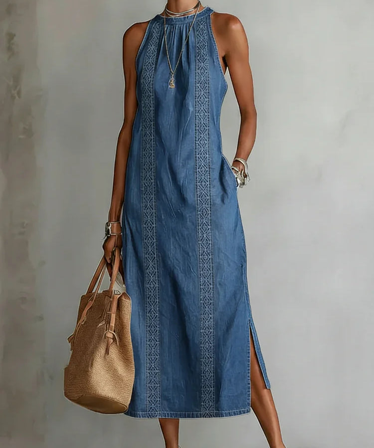 Women's Vintage Lace Denim Dress in Blue