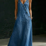 Women's Button-Front Denim Maxi Dress in Blue