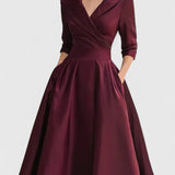 Yan Elegant Midi Dress in Burgundy