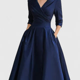 Yan Elegant Midi Dress in Navy