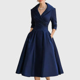 Women's Elegant Fluid Midi Dress in Navy Blue