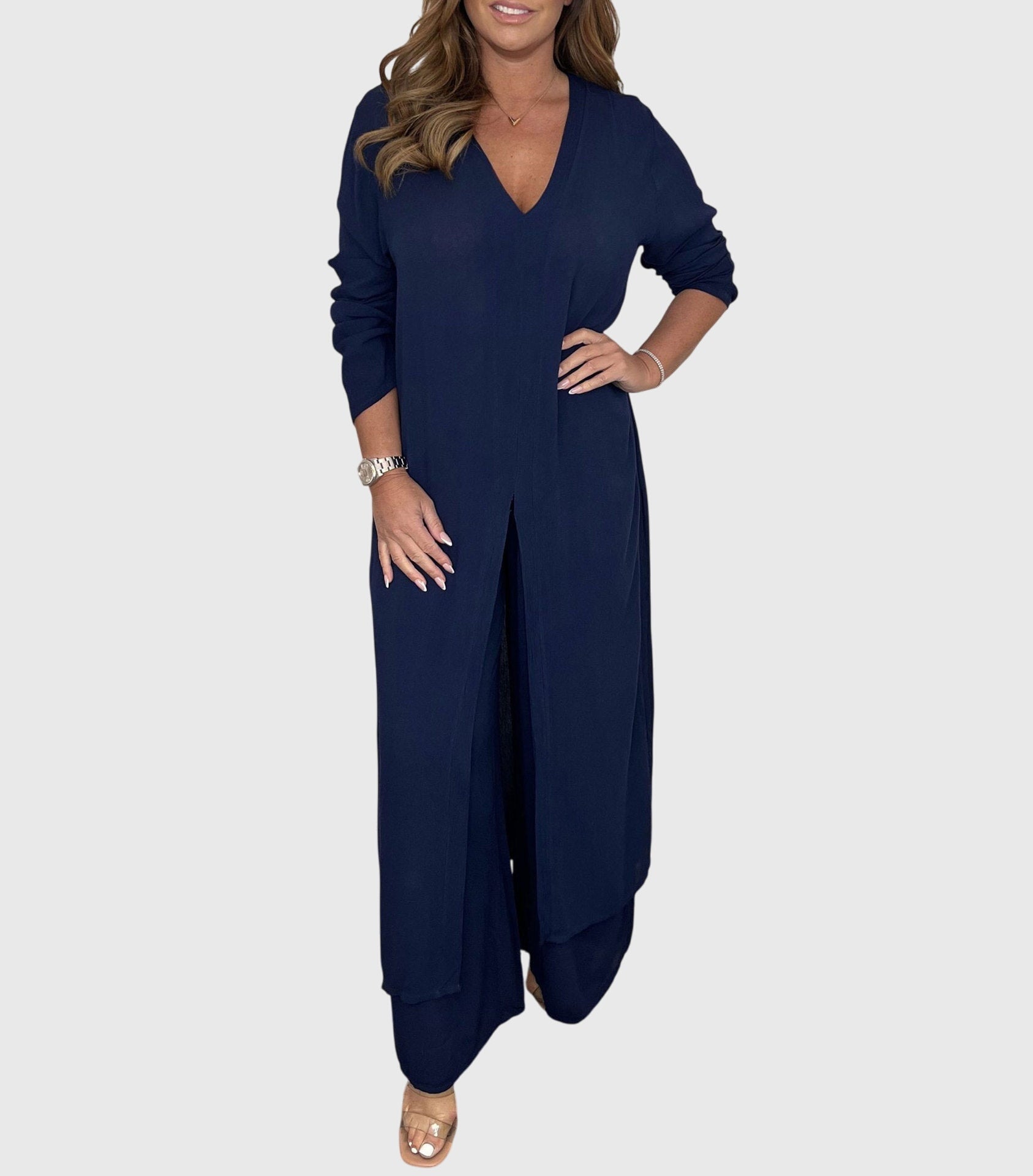 Olivia Elegant Two-Piece Set in Navy Blue