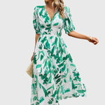 Women's Flattering Floral Midi Dress in Green