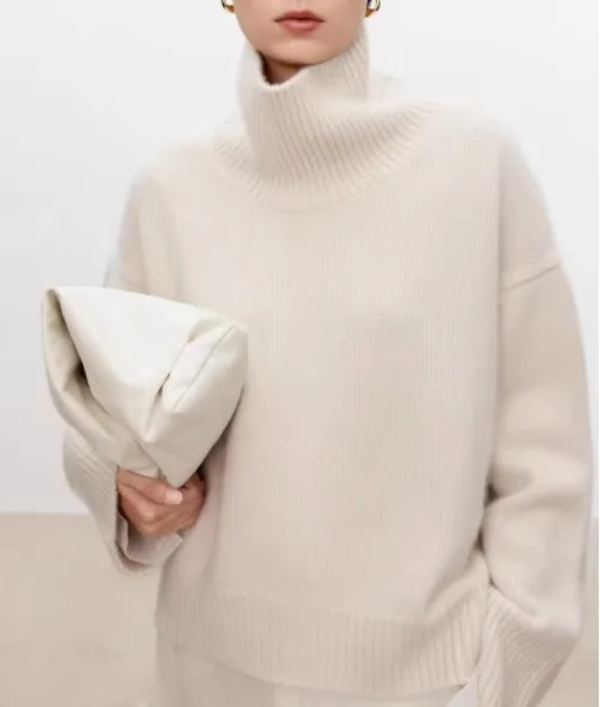 Anneliese Cable-Knit Turtleneck Sweater in White