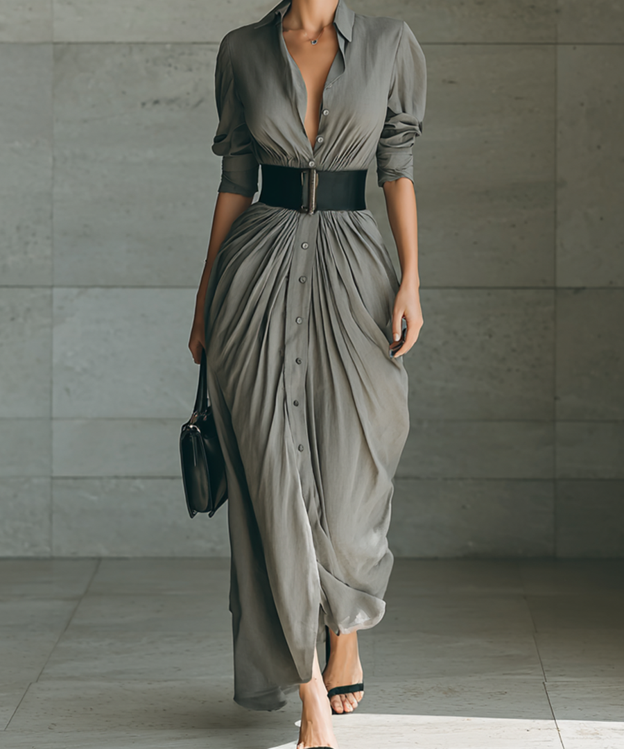 Women's Long Pleated Dress in Gray