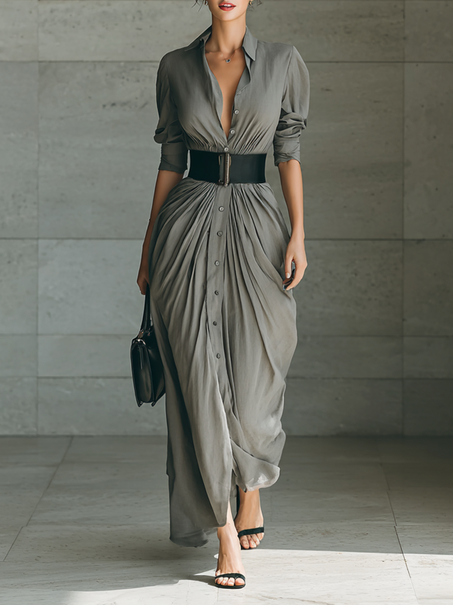 Women's Long Pleated Dress in Gray