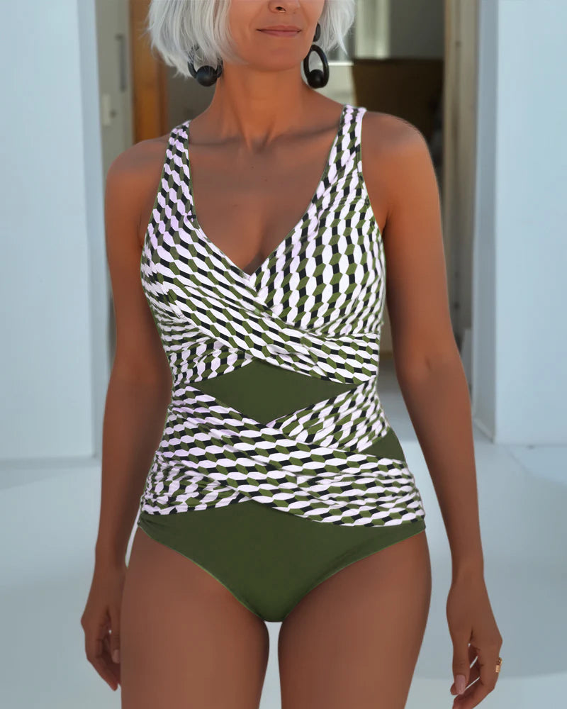 Women's Swimsuit – Geometric Wrap One Piece in Green