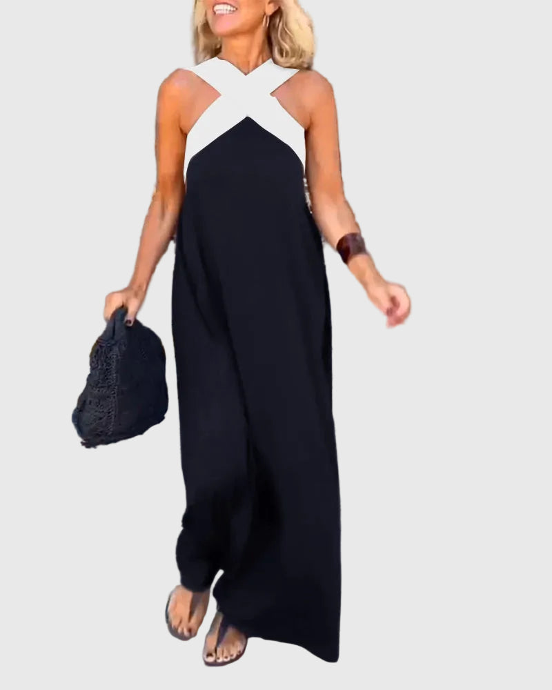 Women's Graceful Flowing Maxi Dress in Black-white