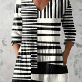 Sophie Long Blouse with V-Neck in Black White