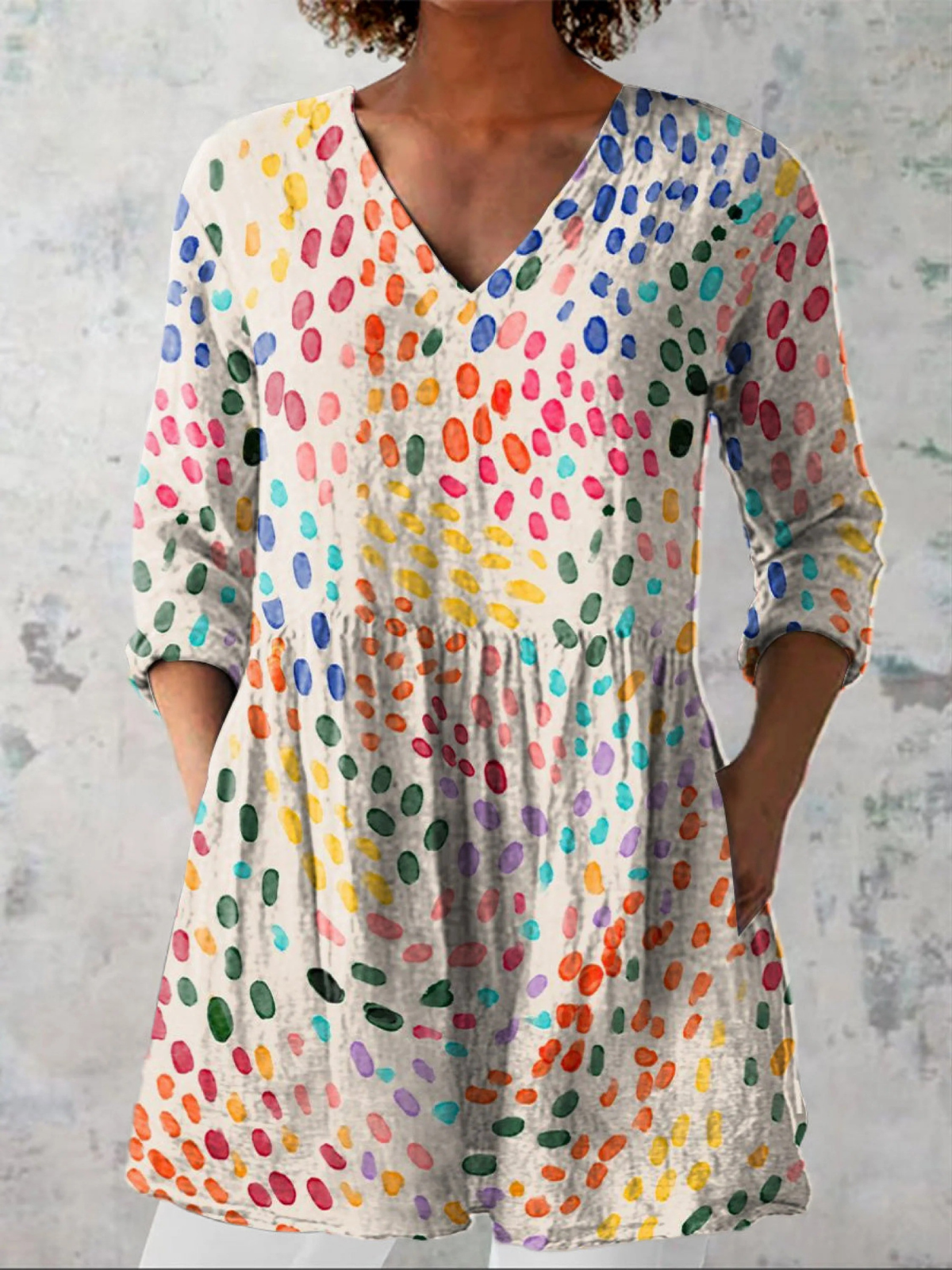 Pauline Long Blouse with V-Neck in Multicolor