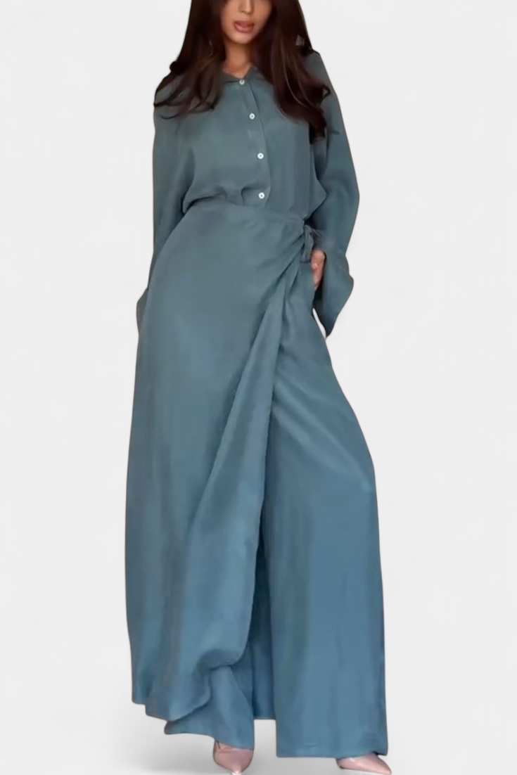 Women's Casual Shirt and Skirt Pants Set in Blue