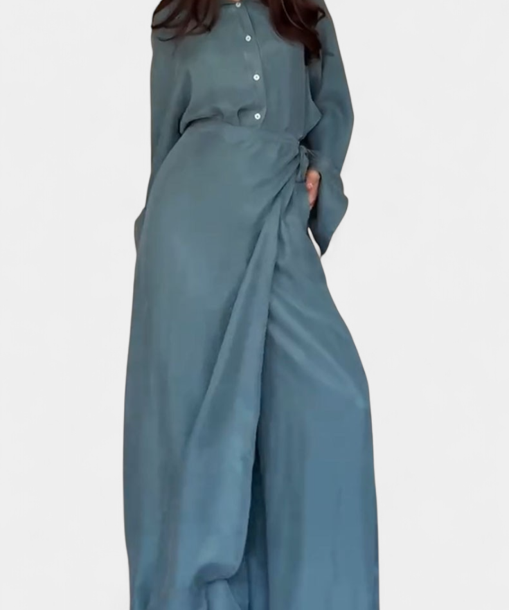 Women's Casual Shirt and Skirt Pants Set in Blue