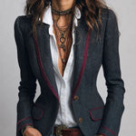 Retro Herringbone Tweed Fitted Blazer with Contrast Trim