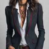 Retro Herringbone Tweed Fitted Blazer with Contrast Trim