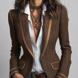 Retro Herringbone Tweed Fitted Blazer with Contrast Trim