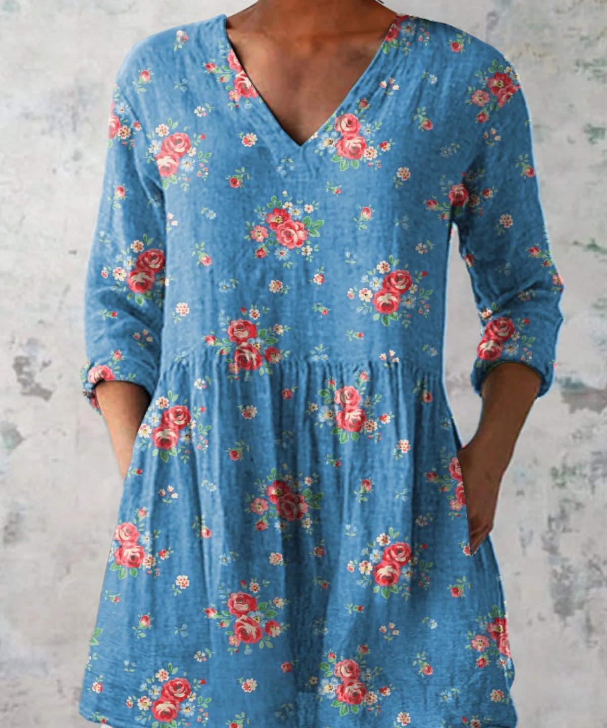 Melanie Long Blouse with V-Neck in Blue