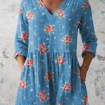 Melanie Long Blouse with V-Neck in Blue