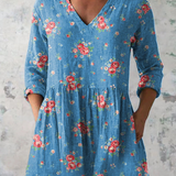 Melanie Long Blouse with V-Neck in Blue