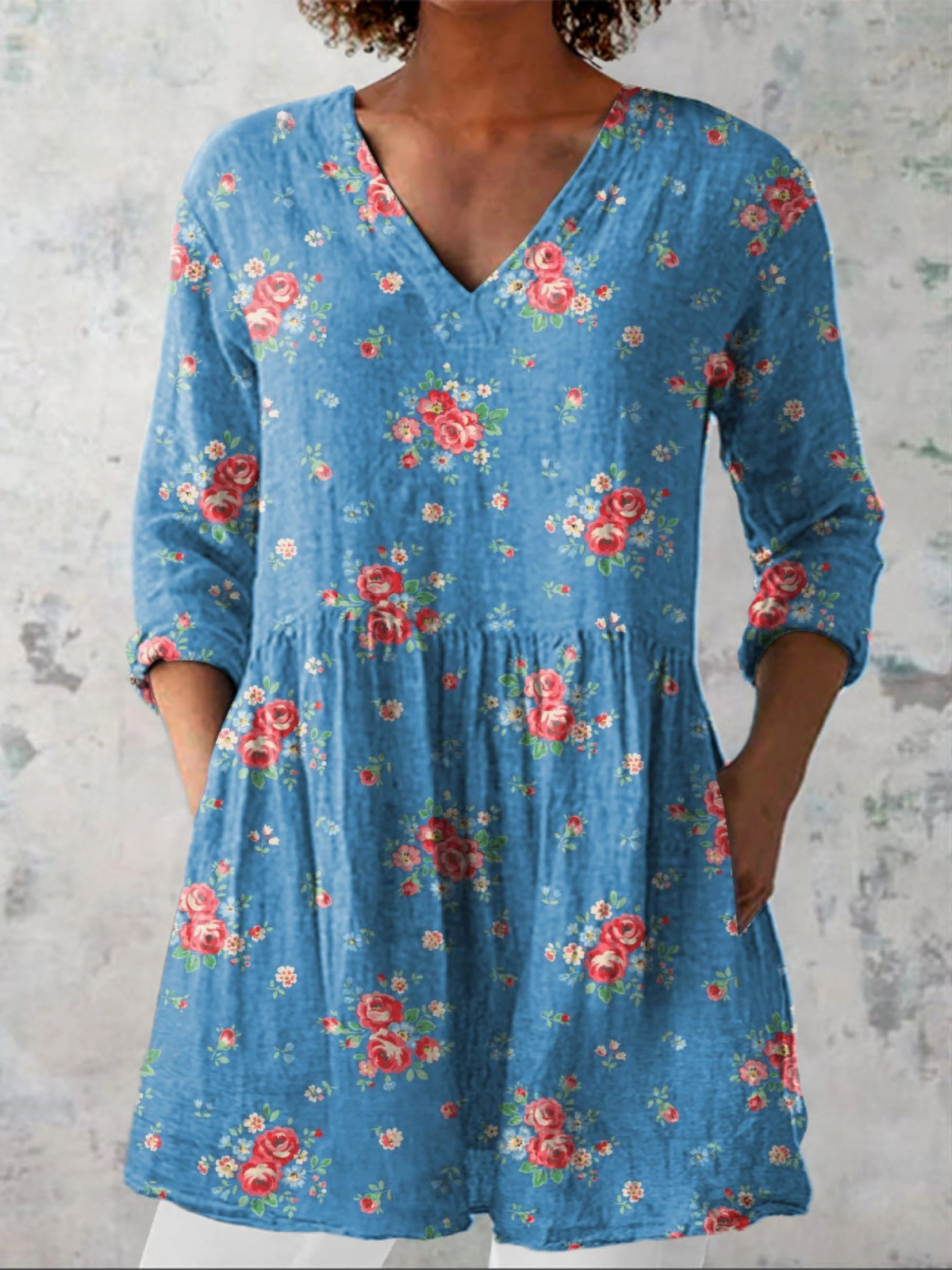 Melanie Long Blouse with V-Neck in Blue