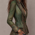 Vintage Floral Tapestry Contrast Lapel Cuff Single Button Fitted Olive Green Blazer