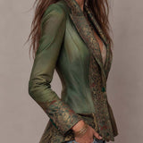 Vintage Floral Tapestry Contrast Lapel Cuff Single Button Fitted Olive Green Blazer