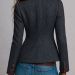 Retro Herringbone Tweed Fitted Blazer with Contrast Trim