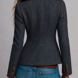 Retro Herringbone Tweed Fitted Blazer with Contrast Trim