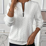 Women's Zip-Front Knit Sweater in White with Black Zipper