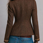 Retro Herringbone Tweed Fitted Blazer with Contrast Trim