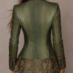 Vintage Floral Tapestry Contrast Lapel Cuff Single Button Fitted Olive Green Blazer