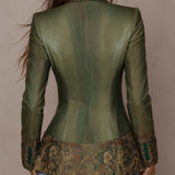 Vintage Floral Tapestry Contrast Lapel Cuff Single Button Fitted Olive Green Blazer