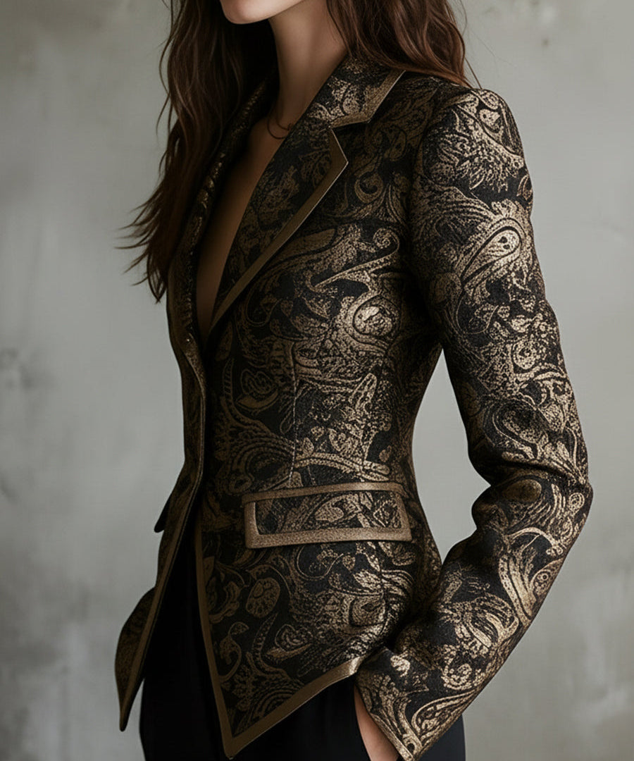Quiet Luxury Paisley Jacquard Wrapped Lapels Fitted Blazer