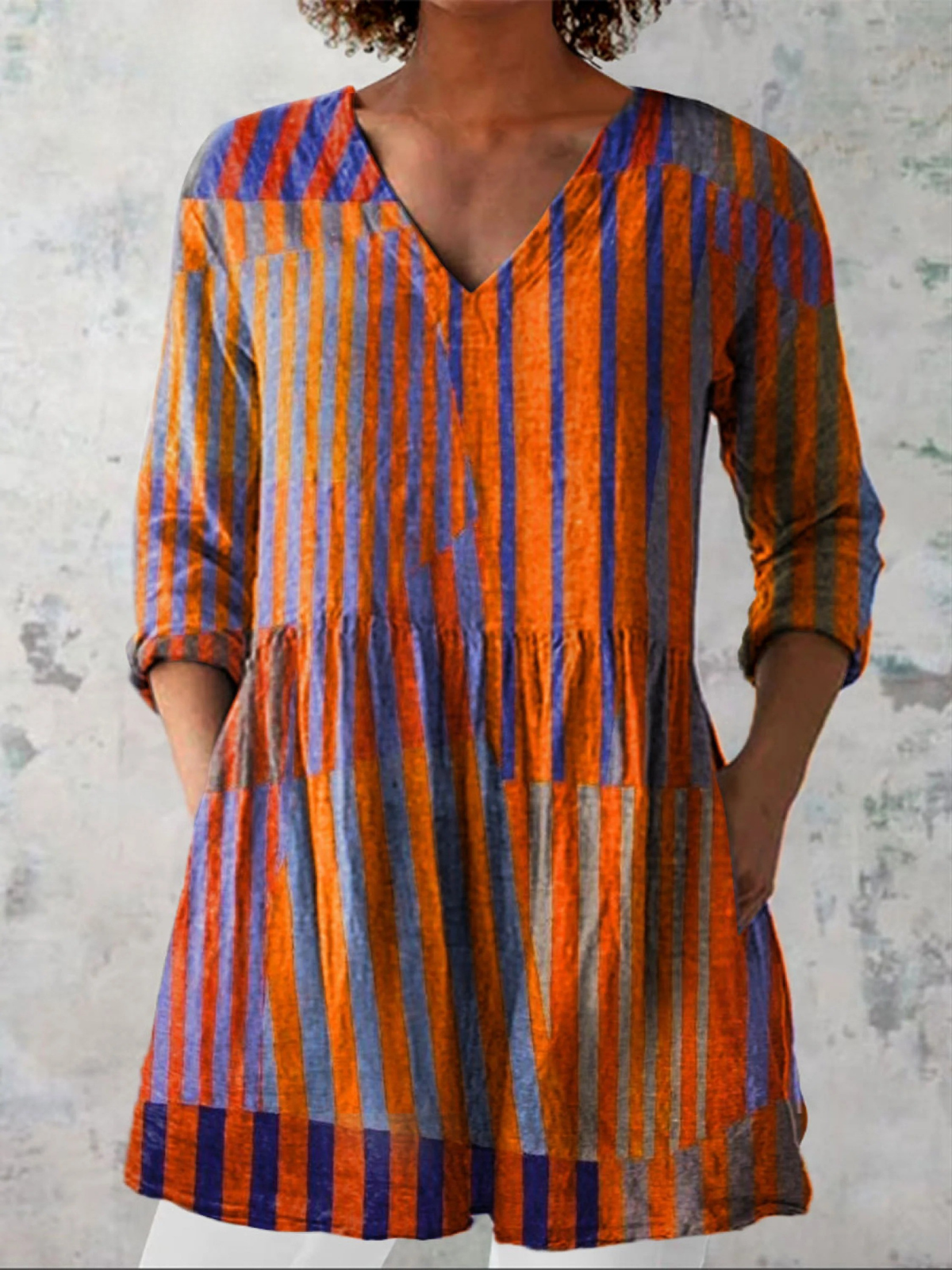 Nadia Long Blouse with V-Neck in Orange