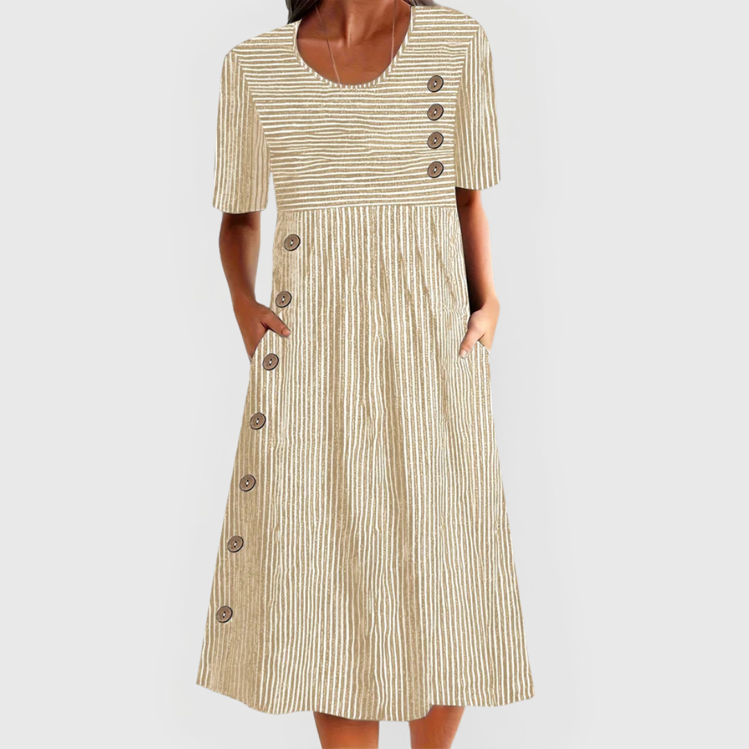 Wanda Striped Midi Dress in Beige