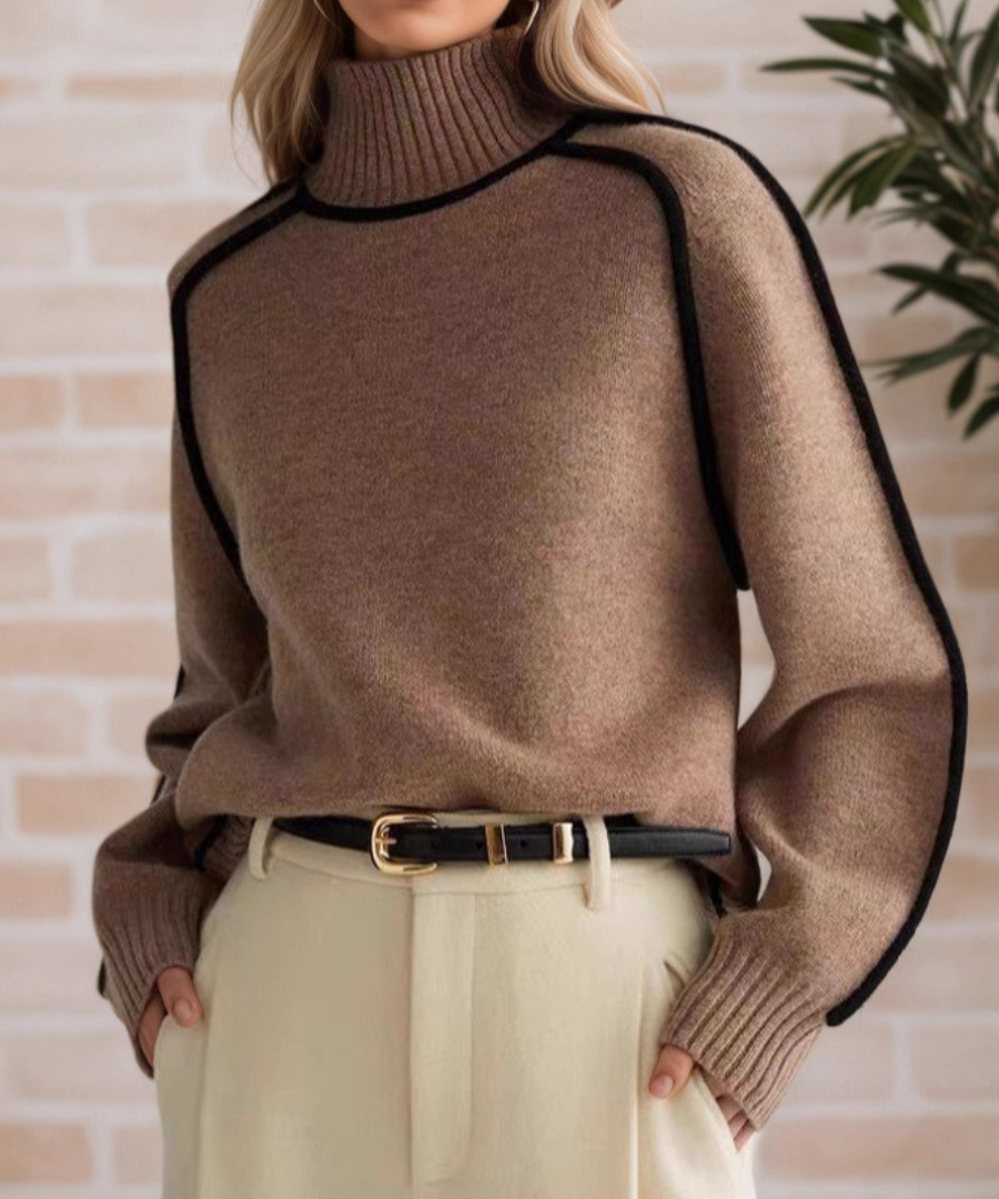 Donna Elegant Mock-Neck Sweater in Brown