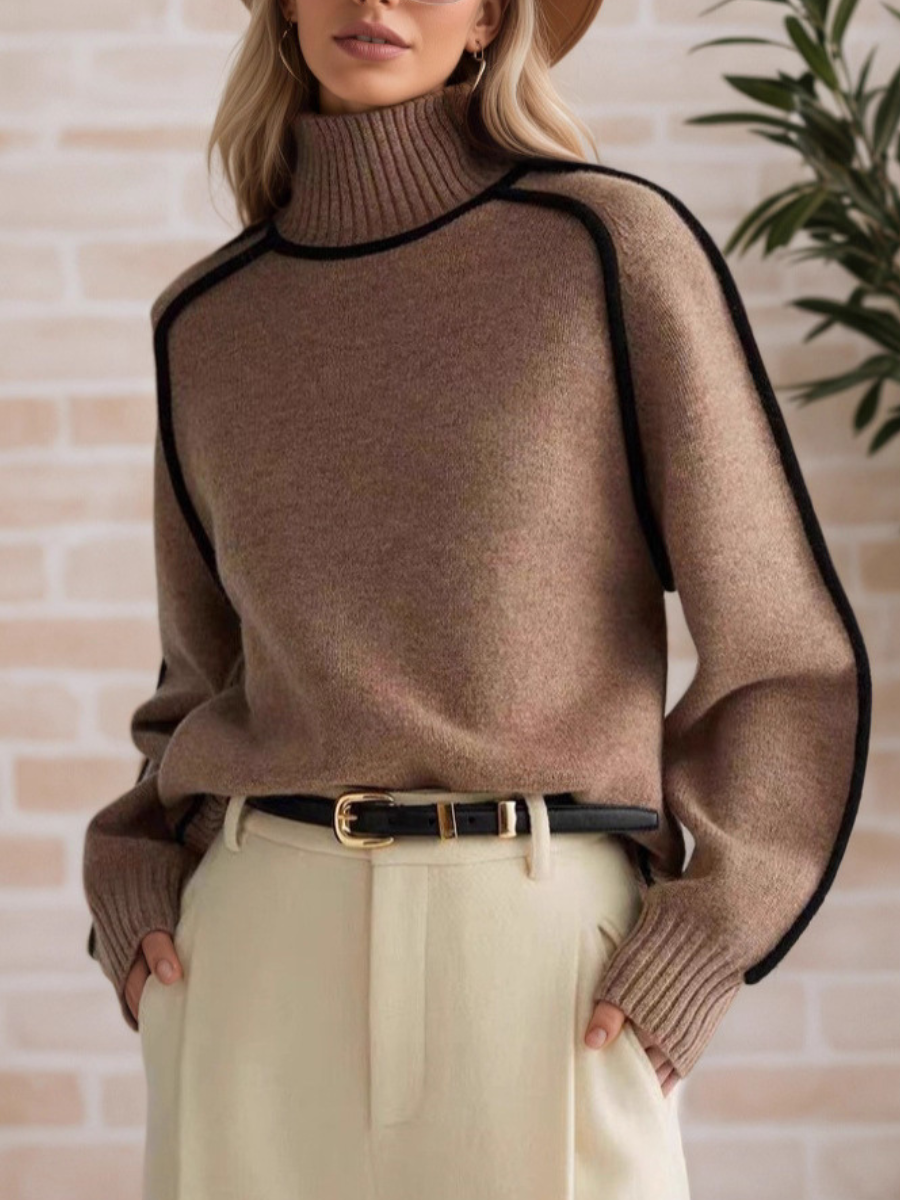 Donna Elegant Mock-Neck Sweater in Brown