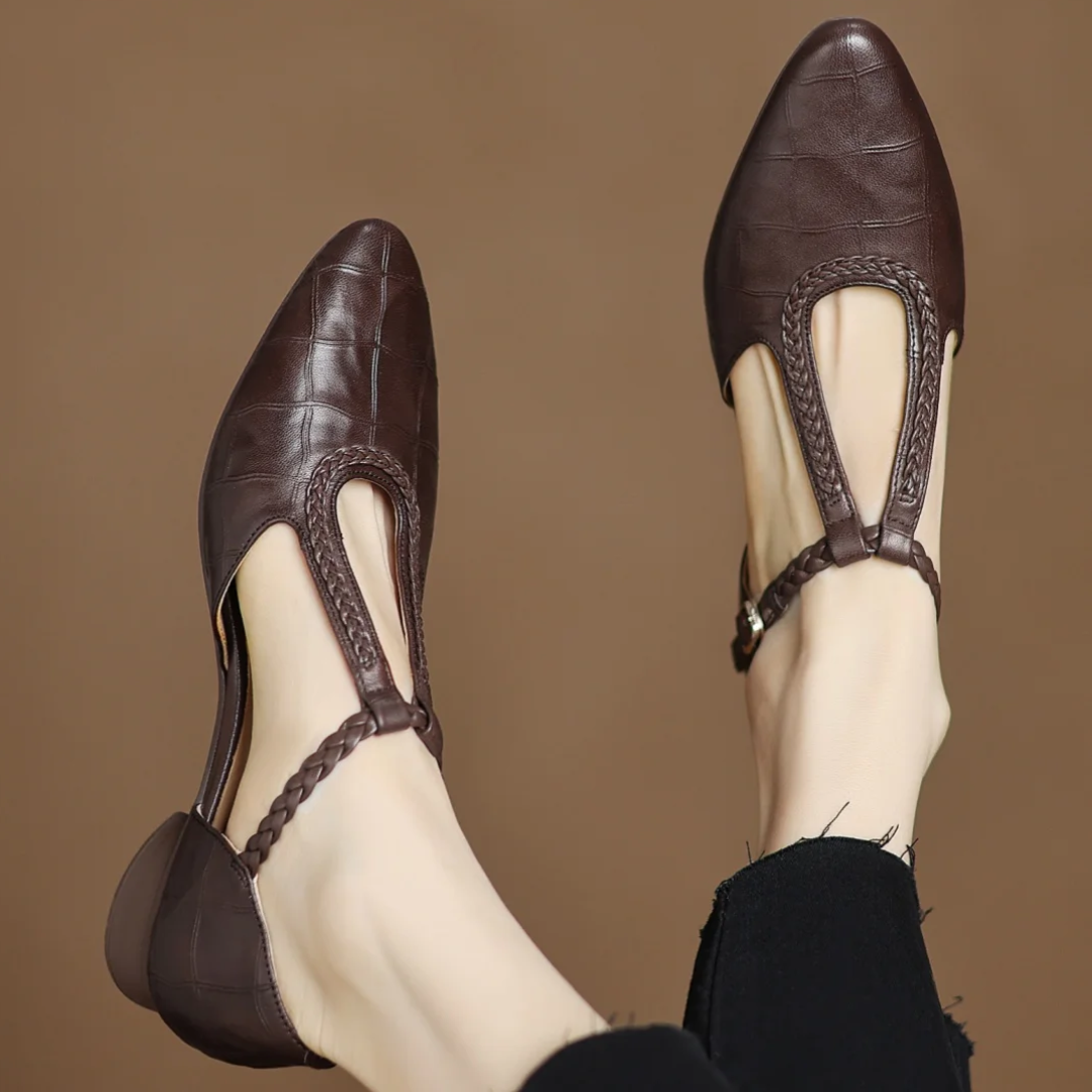 Leather T-Strap Shoes with Braided Strap in Brown