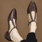 Leather T-Strap Shoes with Braided Strap in Brown