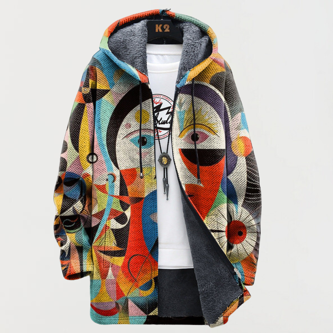 Pearl Abstract-Print Hooded Cardigan in Orange