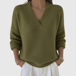 Women's Relaxed Soft V-Neck Sweater in Khaki Green