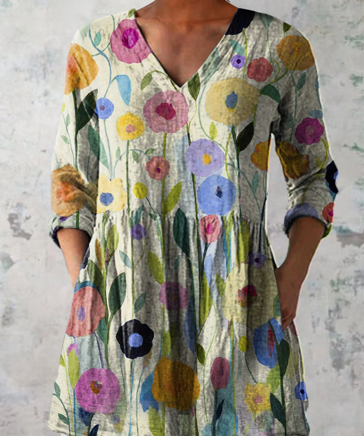 Louise Long Blouse with V-Neck in Multicolored