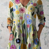 Louise Long Blouse with V-Neck in Multicolored