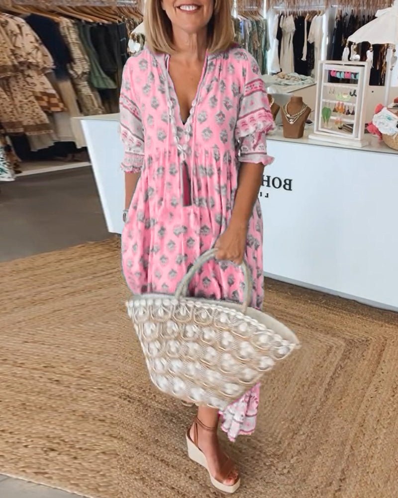 Women's Chic Floral V-Neck Maxi Dress in Pink