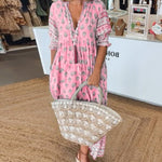 Women's Chic Floral V-Neck Maxi Dress in Pink