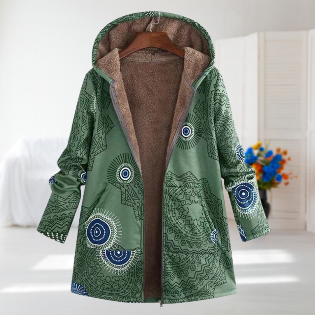 Women's Green Patterned Hooded Fleece Jacket, photo 2