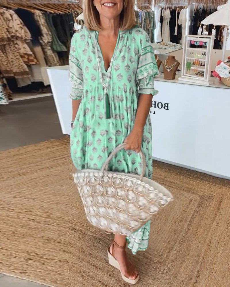 Women's Chic Floral V-Neck Maxi Dress in Green