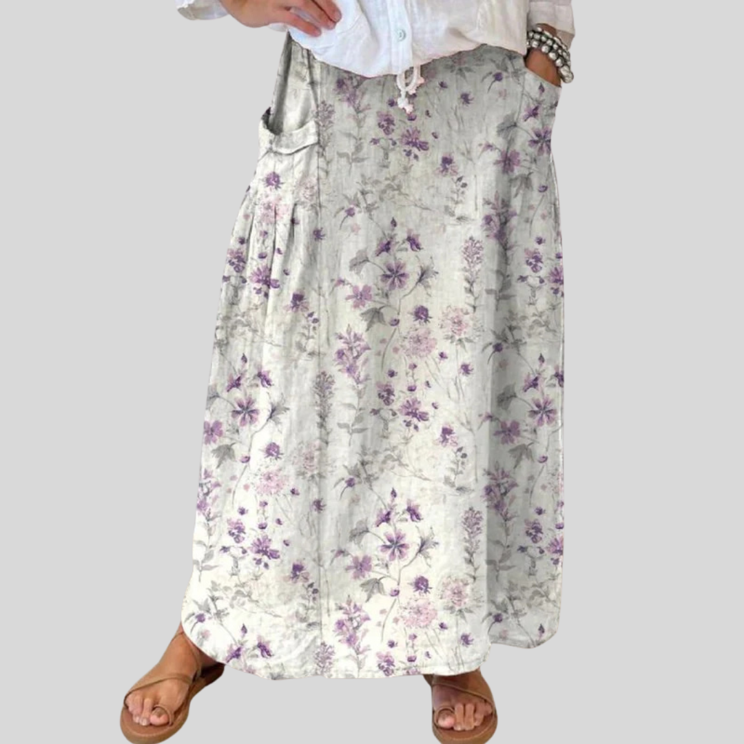 Women's Vintage Floral Art Linen Pocket Skirt
