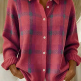 Women's Classic Collared Plaid Cardigan in Pink